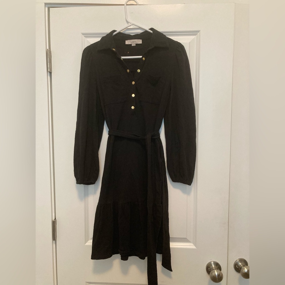 LOFT Black Long Sleeve Dress with Gold Buttons